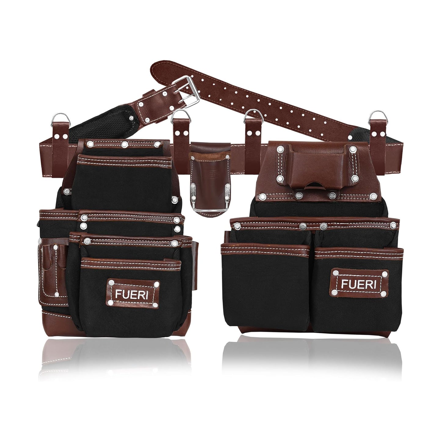 FUERI Black and brown nylon and leather tool belt with dual pouches for carpenters electricians and framers