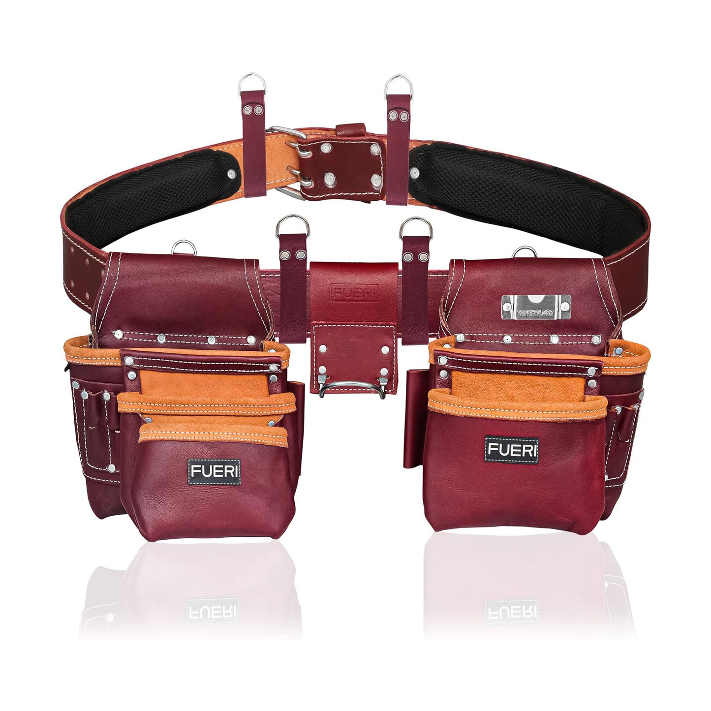 FUERI Framers Combo Tool Belt : Heavy Duty Leather Rig with 17 Pockets (Maroon)