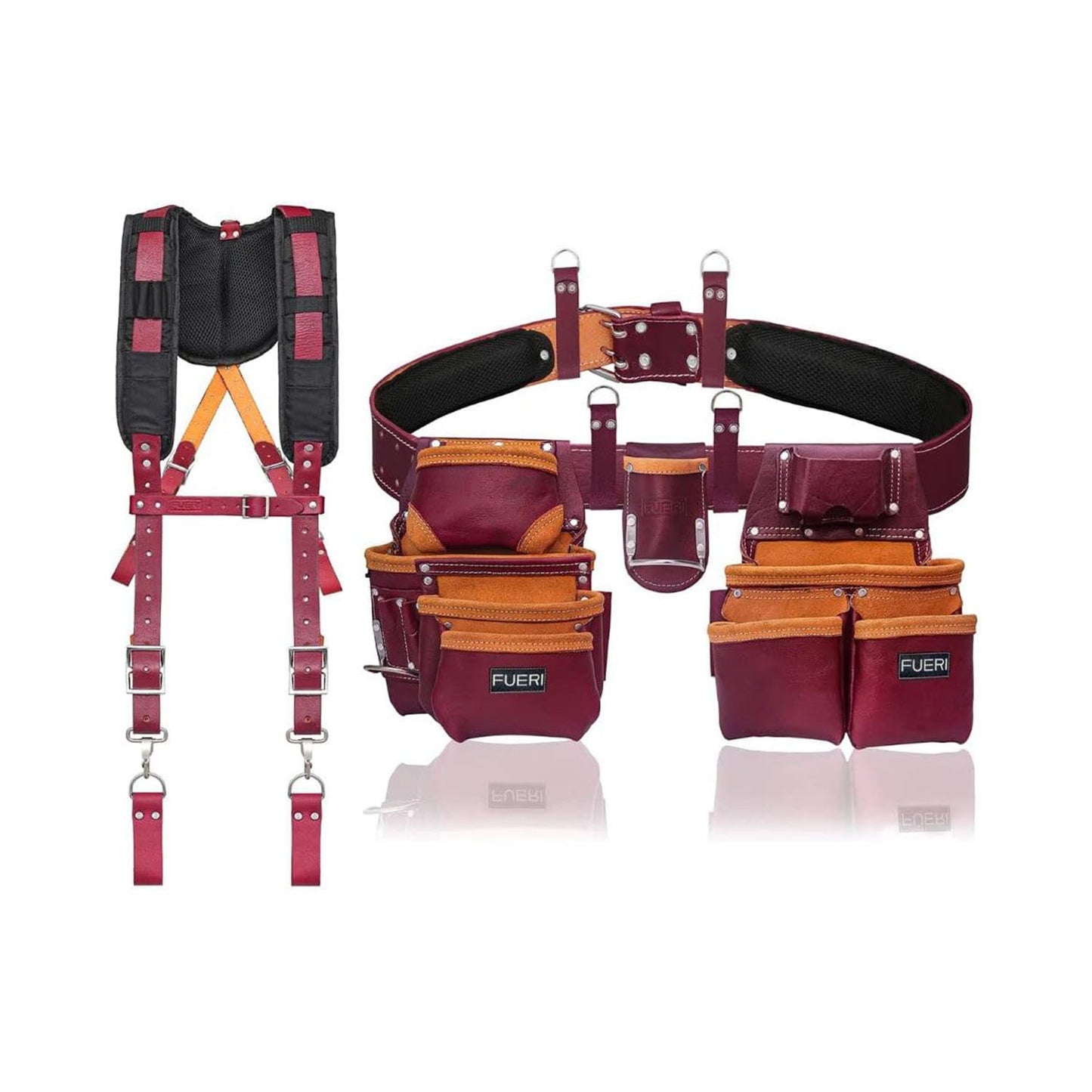 19 Pocket Black Leather Tool Belt With Suspender