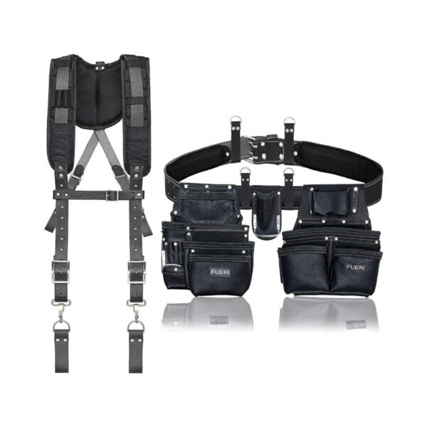 Fueri’s 19-pocket black tool belt made from top-grain leather includes suspenders, hammer holder, padded belt, & measures 31×16×26 cm for balanced storage.