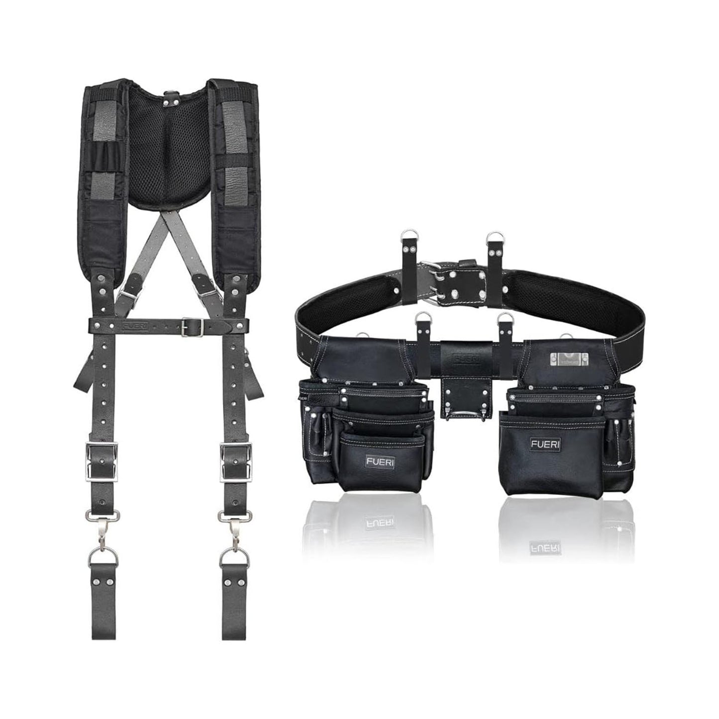FUERI Leather Tool Belt with Suspender: Heavy Duty 17-Pocket Tool Bag (Tool Kit)