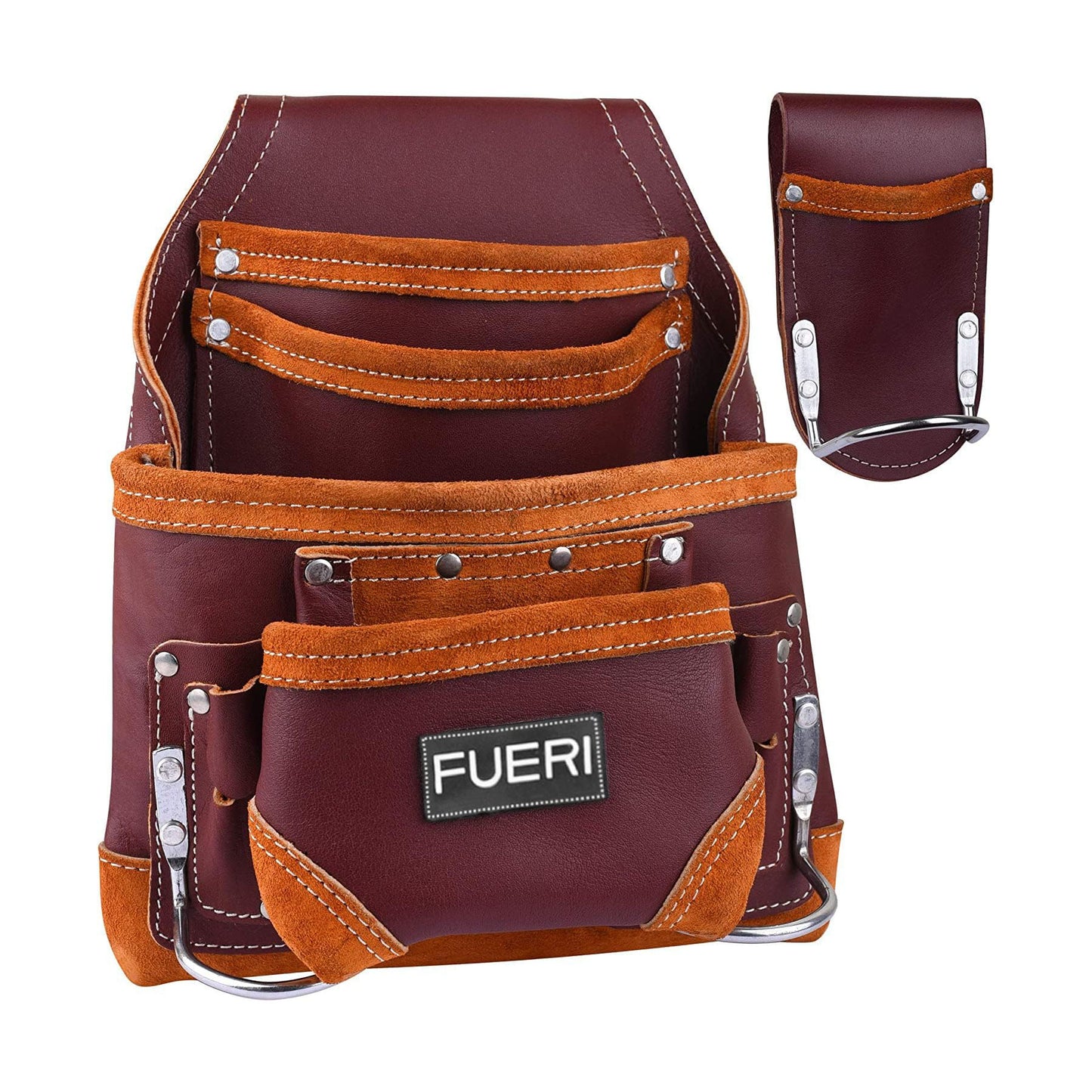 FUERI Leather Tool Belt with Suspender: Heavy Duty 17-Pocket Tool Bag (Tool Kit)