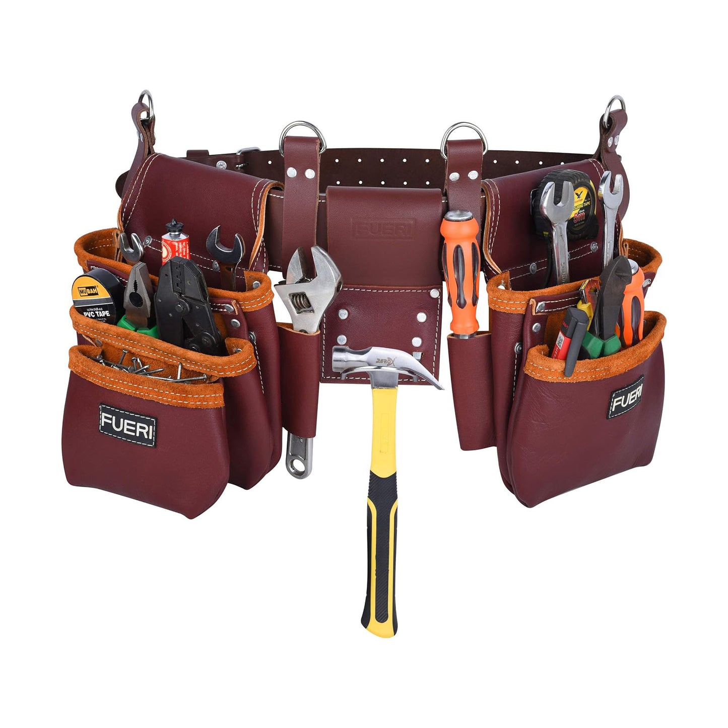FUERI Framers Combo Tool Belt : Heavy Duty Leather Rig with 17 Pockets (Maroon)
