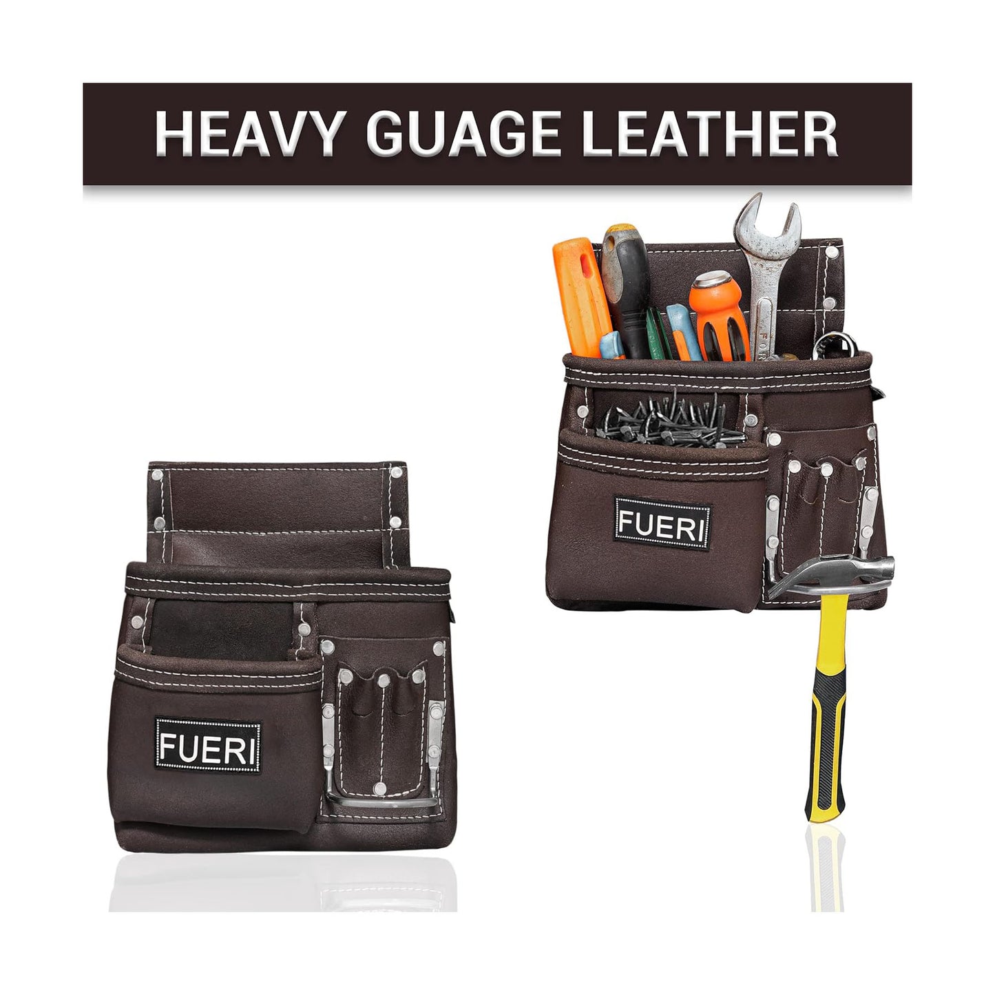FUERI Heavy Duty 11-Pocket Tool Belt (Chocolate)