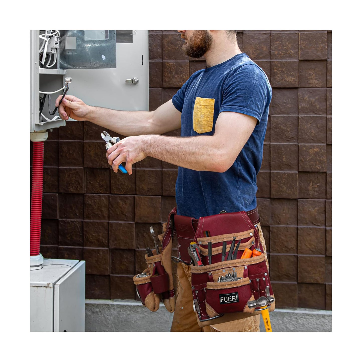 FEURI 10 Pocket Maroon Leather Tool Pouch with Suspender
