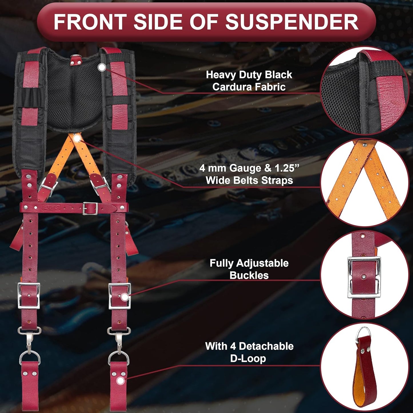 FUERI Leather Tool Belt with Suspender: Heavy Duty 17-Pocket Tool Bag (Tool Kit)
