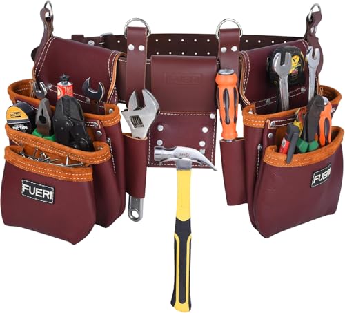 17 Pocket Maroon Leather Tool Belt with Padded Shoulder Suspender