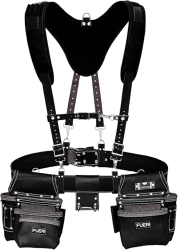 fueri 17 Pocket Black Leather Tool Belt With Suspender