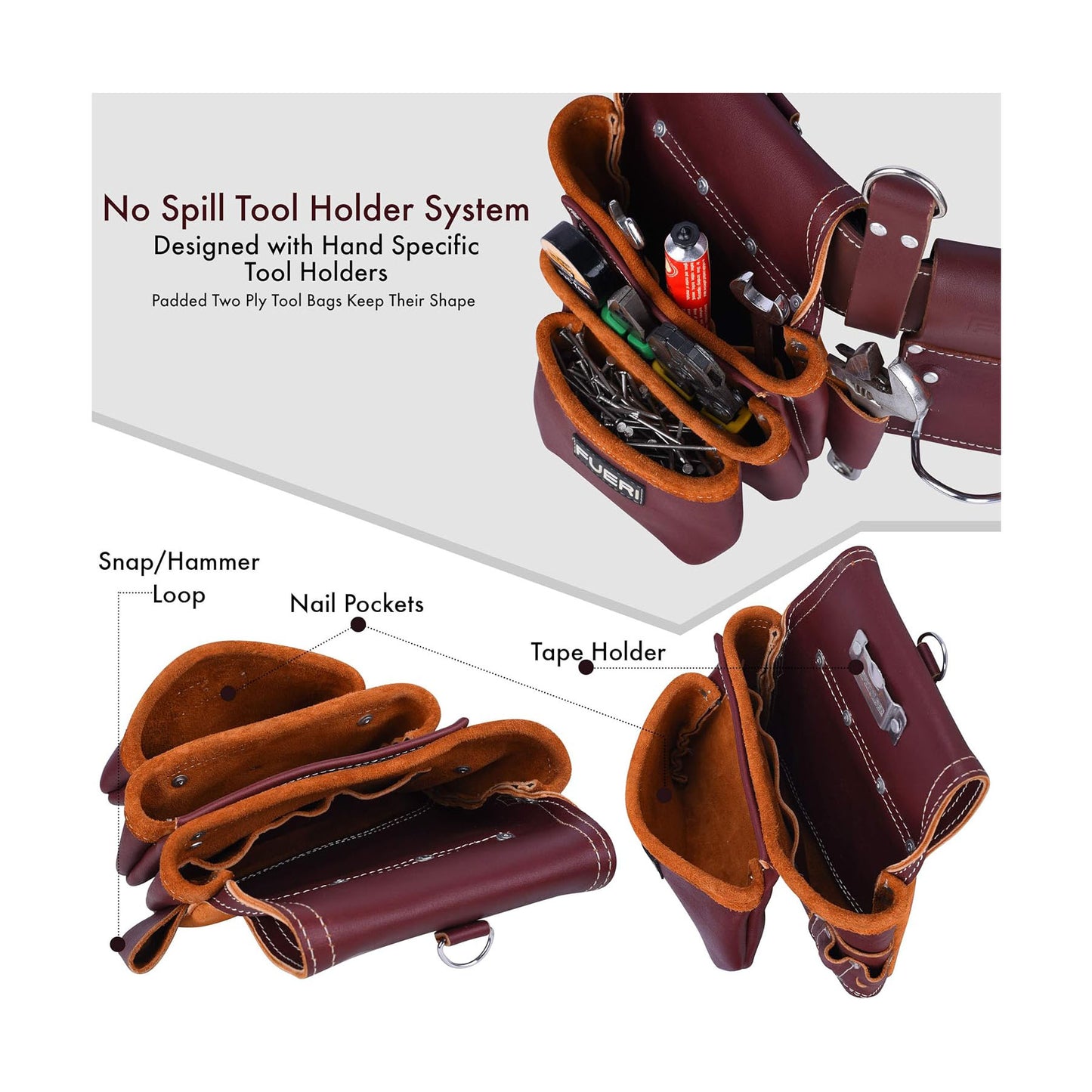 FUERI Framers Combo Tool Belt : Heavy Duty Leather Rig with 17 Pockets (Maroon)