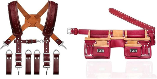 FUERI Leather Tool Belt Suspenders for Carpenters Construction Electricians Framers Bags Pouches Holder Organizer Set (11 Pocket Maroon Set, Adjustable)