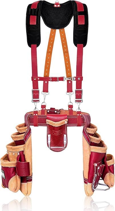 FUERI Leather Tool Belt Suspenders for Carpenters Construction Electricians Framers Bags Pouches Holder Organizer Set(16 Pocket Maroon Tool Belt Set, Adjustable)
