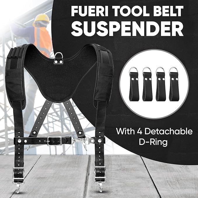 Heavy-duty leather tool belt suspenders with breathable mesh padding, adjustable cross-back support, and 4 detachable tool loops for all-day comfort.