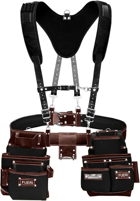 Fueri 19 Pocket Chocolate Nylon & Leather Tool Belt With Suspender