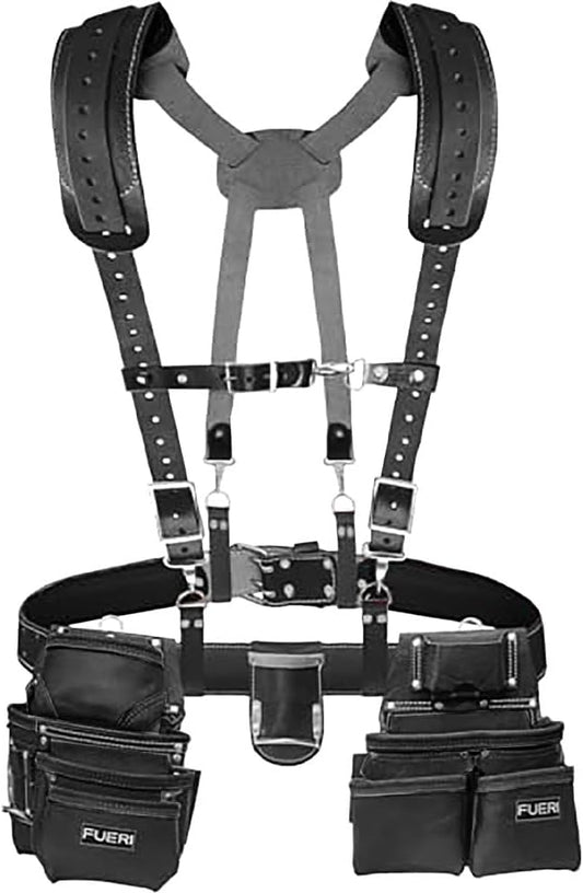Fueri 19 Pocket Black Tool Belt with Padded Shoulder Suspender