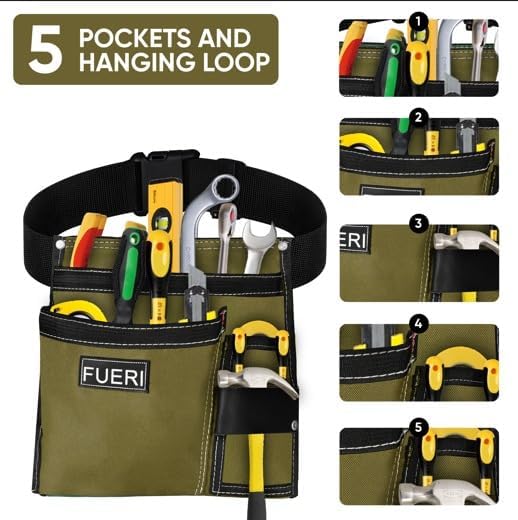 FUERI Tool Belt Bag Pouch 10 Pocket Men Nylon Tools Belts Pouches for Construction Carpenter Electrician Framing Welding Ironwork Adjustable Single Side - Black