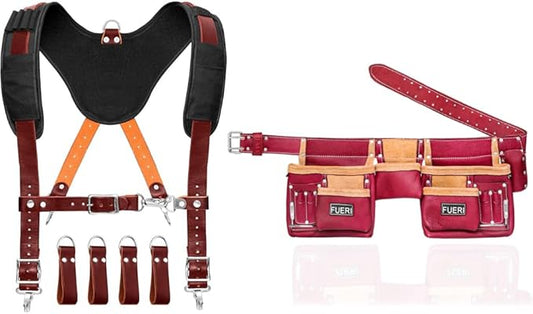 FUERI Leather Tool Belt Suspenders for Carpenters Construction Electricians Framers Bags Pouches Holder Organizer Set (11 Pocket Maroon Set, Adjustable)