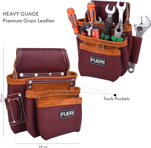 17 Pocket Maroon Leather Tool Belt with Padded Shoulder Suspender