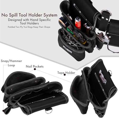 17 Pocket Black Leather Tool Belt With Suspender