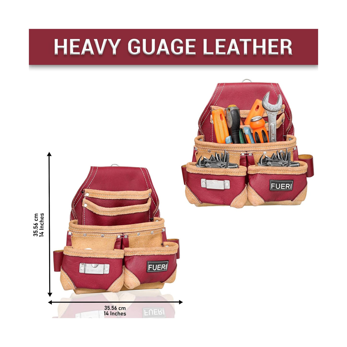 FEURI 10 Pocket Maroon Leather Tool Pouch with Suspender