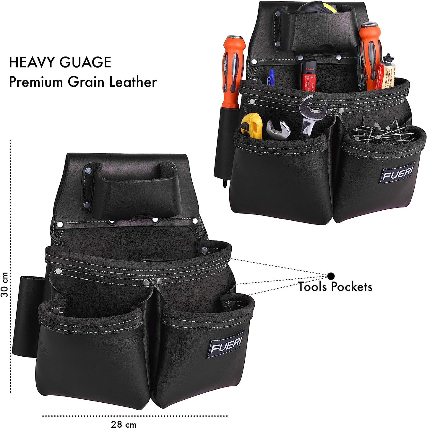 19 Pocket Black Leather Tool Belt With Suspender