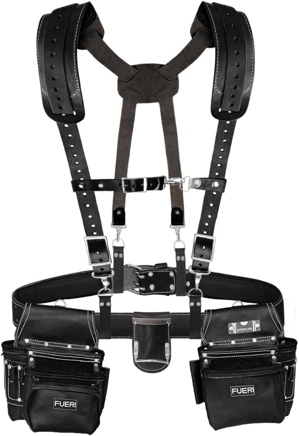 17 Pocket Black Leather Tool Belt With Padded Shoulder Suspender