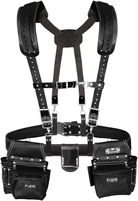 17 Pocket Black Leather Tool Belt With Padded Shoulder Suspender