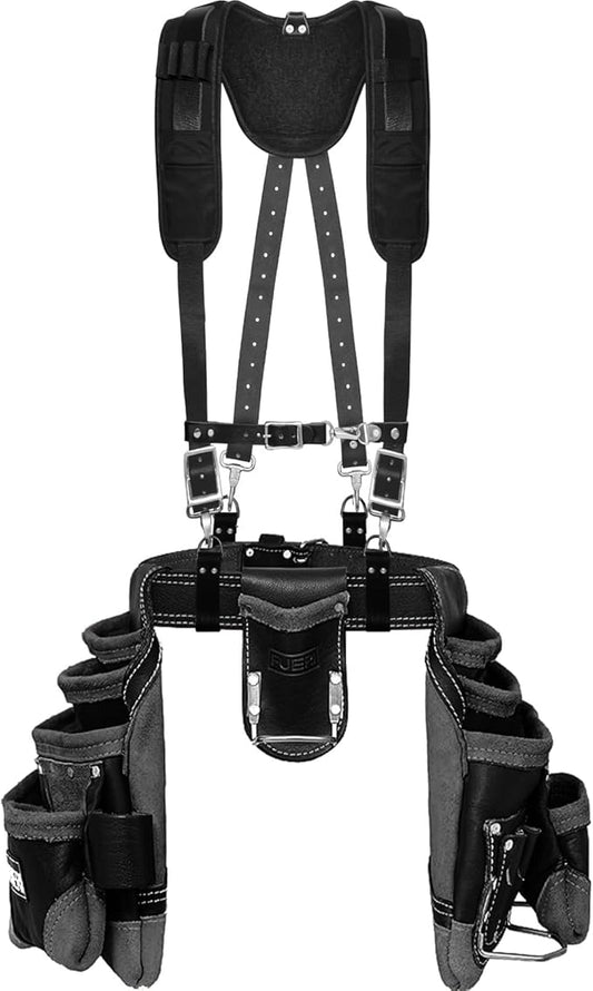 FUERI Leather Tool Belt Suspenders for Carpenters Construction Electricians Framers Bags Pouches Holder Organizer Set (16 Pocket Black Set, Adjustable)