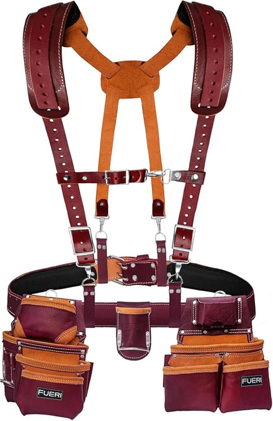 Fueri 19 Pocket Maroon Leather Tool Belt with Padded Shoulder Suspender