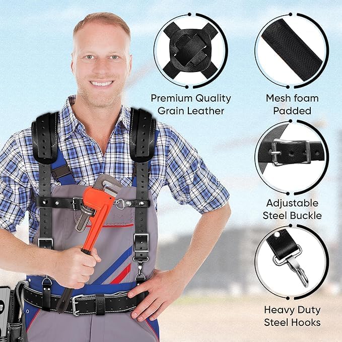 17 Pocket Black Leather Tool Belt with Padded Shoulder Suspender