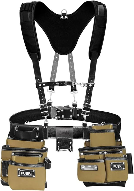FUERI 19 Pocket Beige/Black Nylon Tool Belt With Suspender