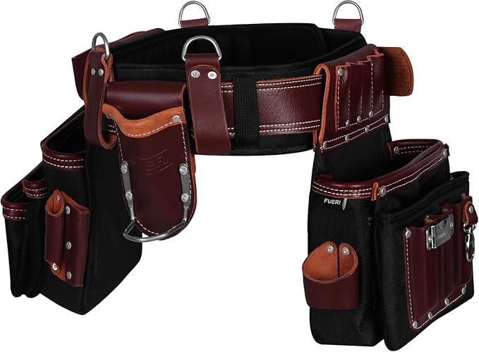 FUERI Tool Belt With Suspender Men Carpenter Pouches Construction Bags Electrician Belts Framer Worker Pouch Bag Holder Organizer 26 Pocket Nylon Leather Maroon Professional Set - Medium