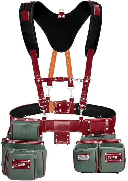 FUERI 19 Pocket Green/Maroon Nylon Tool Bag With Suspender