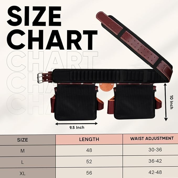 FUERI tool belt size chart Medium Large XL waist sizes 30 to 48 inches