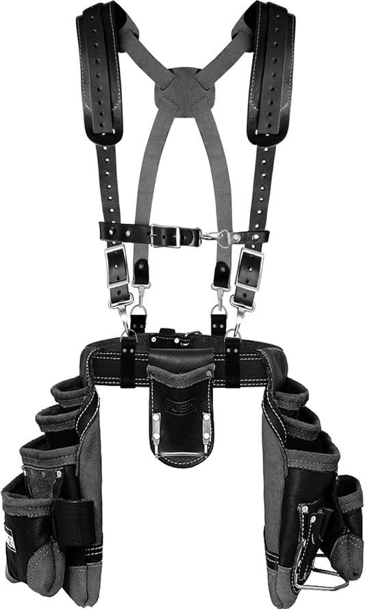 FUERI Leather Tool Belt Suspenders for Carpenters Construction Electricians Framers Bags Pouches Holder Organizer Set (16 Pocket Black Tool Belt Set, Adjustable)