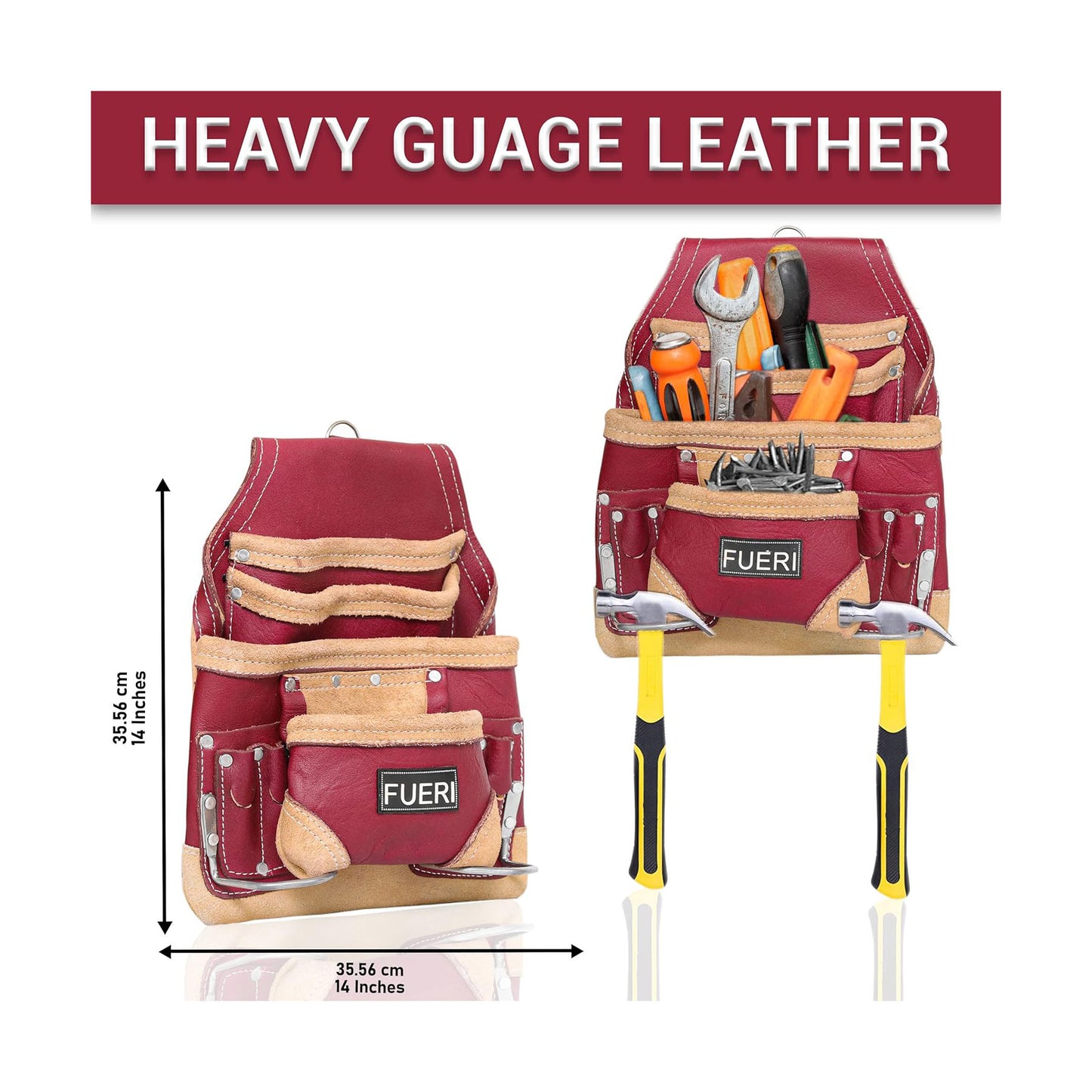 FEURI 10 Pocket Maroon Leather Tool Pouch with Suspender