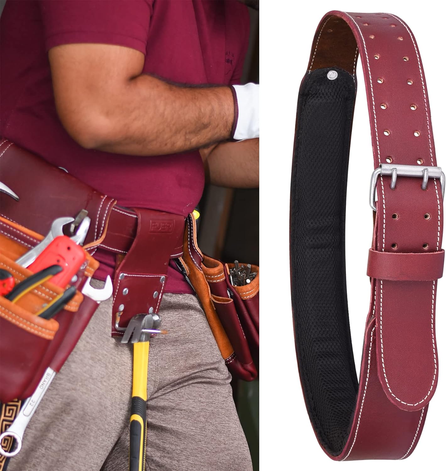 FEURI Premium Grain Leather Work Belt (Maroon) With Foam Padding