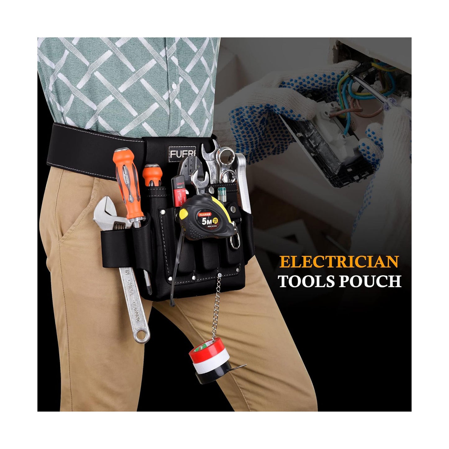 FEURI Premium Grain Leather Work Belt with 4-Pocket Tool Pouch