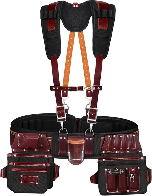FUERI Tool Belt With Suspender Men Carpenter Pouches Construction Bags Electrician Belts Framer Worker Pouch Bag Holder Organizer 26 Pocket Nylon Leather Maroon Professional Set - Medium