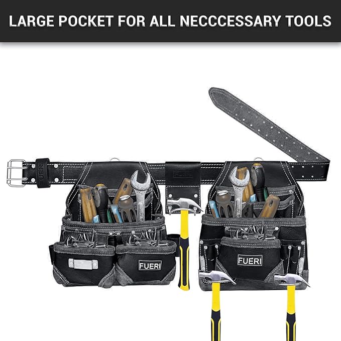 FUERI Leather Tool Belt Suspenders for Carpenters Construction Electricians Framers Bags Pouches Holder Organizer Set (16 Pocket Black Set, Adjustable)