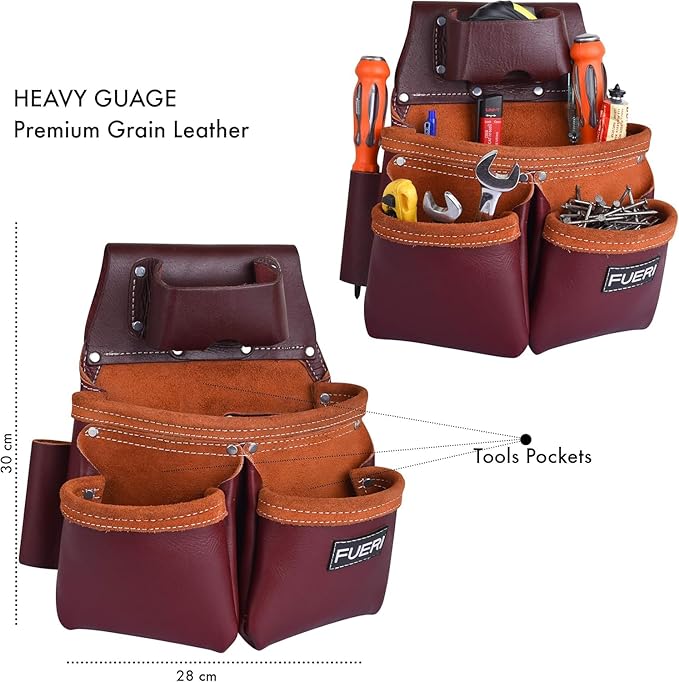 19 Pocket Maroon Leather Tool Belt With Padded Shoulder Suspender Bundle
