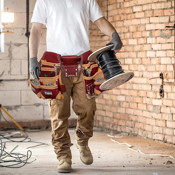 FUERI Leather Tool Belt Suspenders for Carpenters Construction Electricians Framers Bags Pouches Holder Organizer Set(16 Pocket Maroon Tool Belt Set, Adjustable)