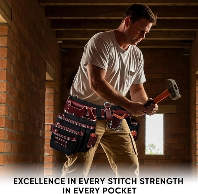 Worker wearing FUERI heavy duty tool belt on job site excellence in every stitch