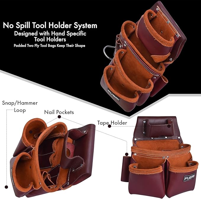 19 Pocket Maroon Leather Tool Belt With Padded Shoulder Suspender Bundle