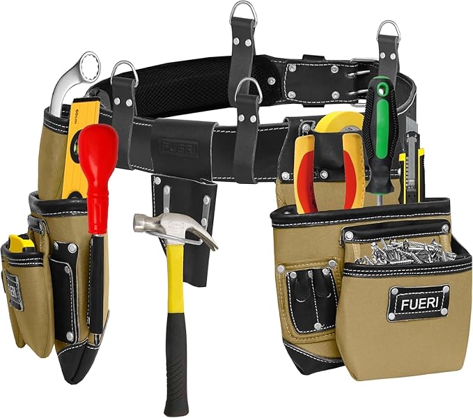FUERI 19 Pocket Beige/Black Nylon Tool Belt With Suspender