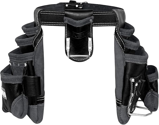 FUERI Leather Tool Belt Suspenders for Carpenters Construction Electricians Framers Bags Pouches Holder Organizer Set (16 Pocket Black Tool Belt Set, Adjustable)