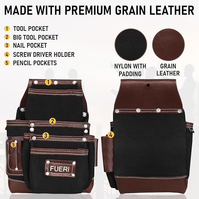 19 Pocket Black/Chocolate Nylon & Leather Tool Belt with Suspender