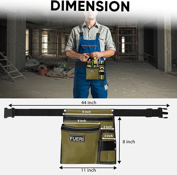 FUERI Tool Belt Bag Pouch 10 Pocket Men Nylon Tools Belts Pouches for Construction Carpenter Electrician Framing Welding Ironwork Adjustable Single Side - Black