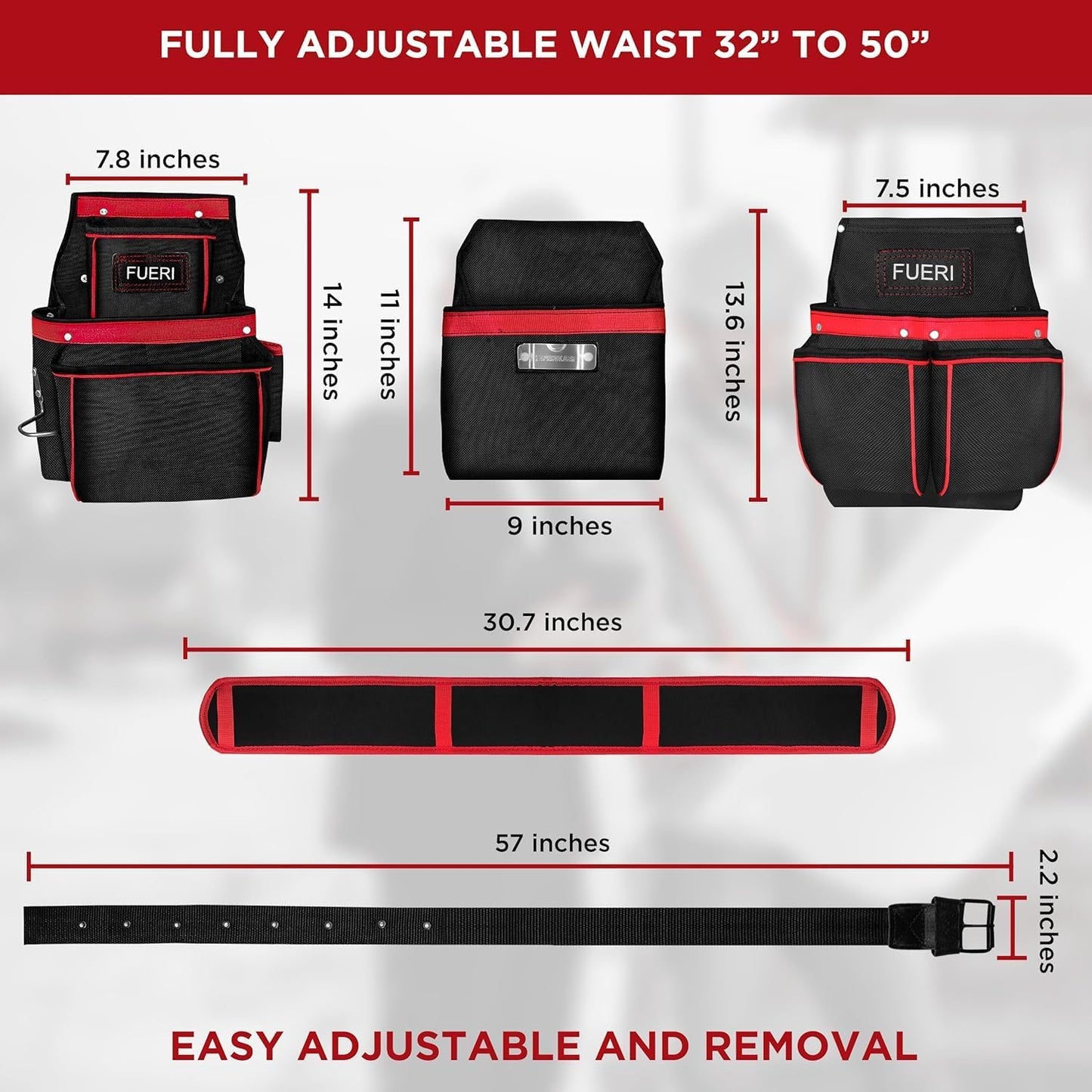 FUERI tool belt size chart fully adjustable waist 32 to 50 inches easy adjustable and removal
