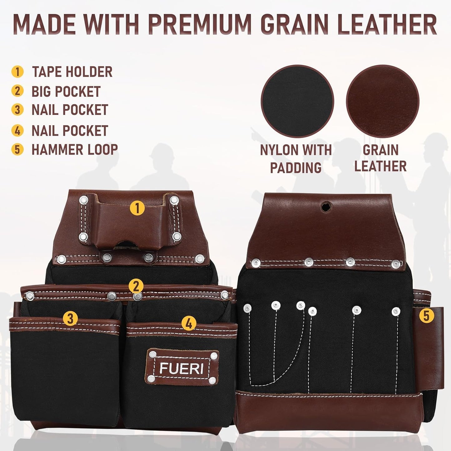 19 Pocket Chocolate Nylon & Leather Tool Belt with Black Suspender