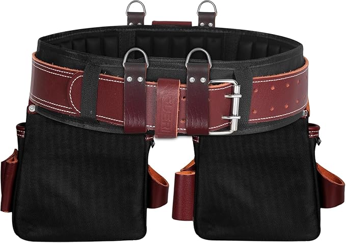 FUERI Tool Belt With Suspender Men Carpenter Pouches Construction Bags Electrician Belts Framer Worker Pouch Bag Holder Organizer 26 Pocket Nylon Leather Maroon Professional Set - Medium
